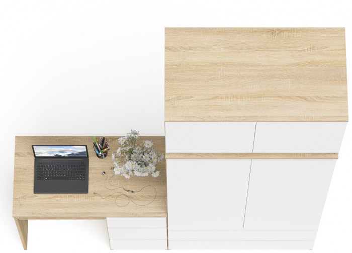 Мори компьютерный стол МС-6 правый + Шкаф МШ900.1 + Антресоль МА900.1, дуб сонома/белый