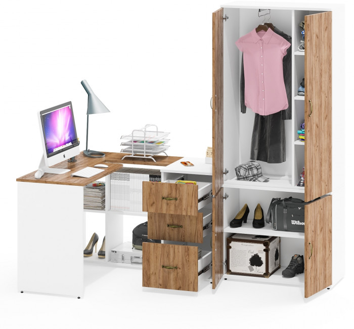 Лидер-8 Стол + Тумба МД 3.16 + Шкаф МД 20Б, цвет белый шагрень/крафт золото, ШхГхВ 285х50/37,5х75/190 или 115х200/50х75/190 см., НЕ ун. сборка