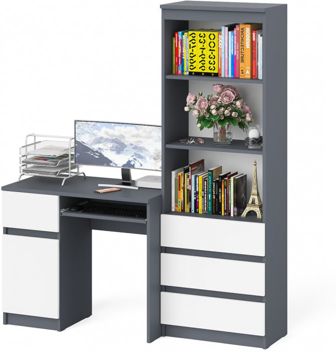 Мори Стол компьютерный МС-1 левый + Стеллаж МСТ600.3, цвет графит/белый, ШхГхВ 150,4х50х179,6 см., выдвижной ящик слева, НЕ универсальная сборка