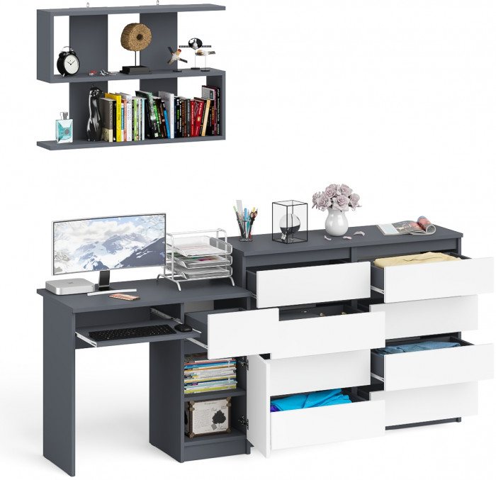 Мори Стол компьютерный МС-1 правый + Комод МК1200.8 + Полка 900, цвет графит/белый, ШхГхВ 210,4х50х209,6 см., НЕ универсальная сборка