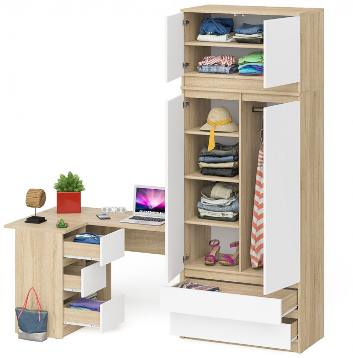 Мори Стол компьютерный МС-16 левый + Шкаф МШ900.1 + Антресоль МА900.1, цвет дуб сонома/белый, ШхГхВ 214,8х84,9х234,2 см., выд. ящ. слева, НЕ ун. сб.