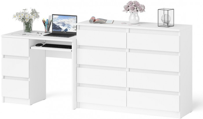 Мори Стол компьютерный МС-6 левый + Комод МК1200.8, цвет белый, ШхГхВ 210,4х50х94 см., выдвижные ящики слева, НЕ универсальная сборка