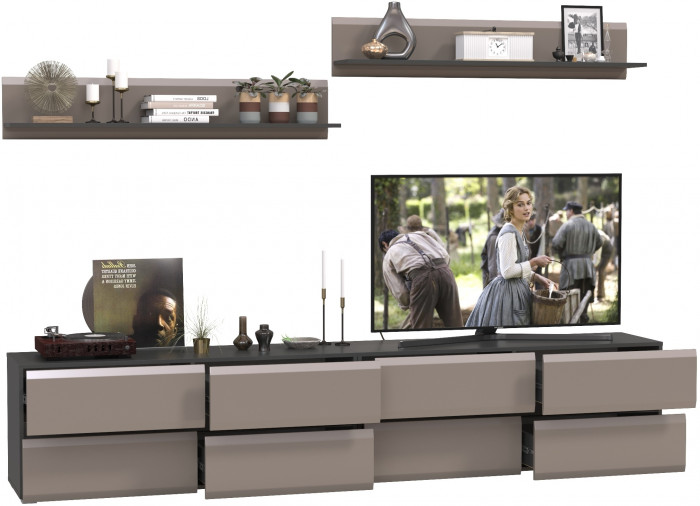 Сидней Комплектация № 044, цвет корпус: антрацит/фасады: МДФ веллюто капучино, ШхГхВ 260х41,3х200 см., ниша для ТВ 130х41х100 см., универс. сборка