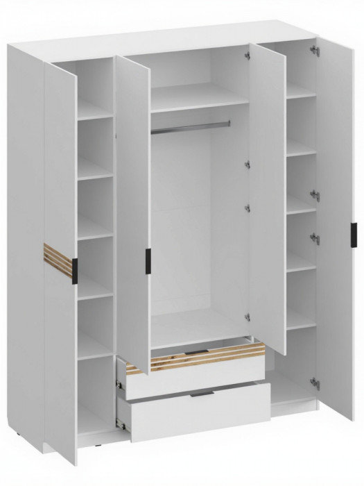 Шкаф 4-х створчатый с ящиками и зеркалом ШК-4114, Белый/Профиль МДФ Дуб вотан