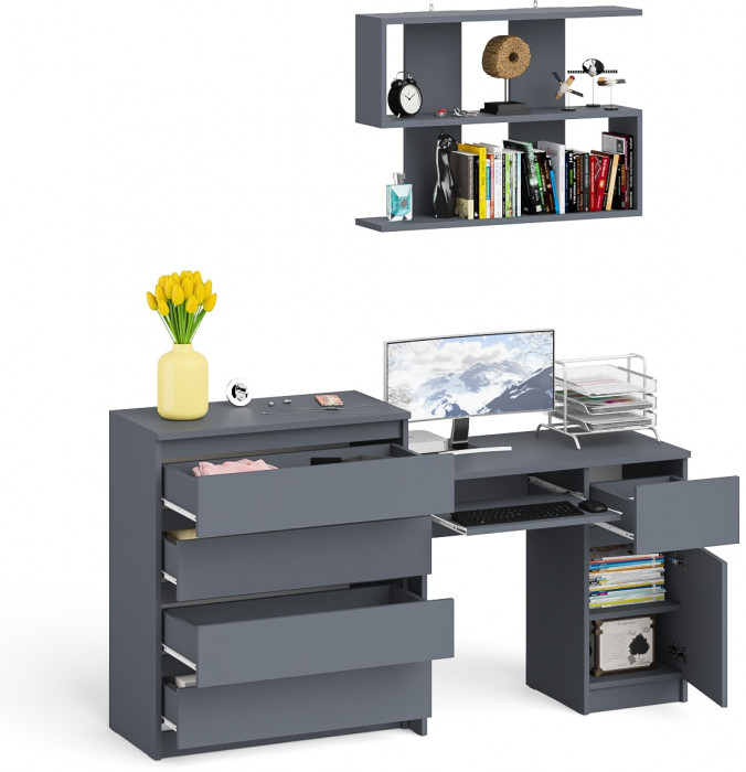 Мори компьютерный стол МС-1 правый + Комод МК800.4 + Полка 900, графит