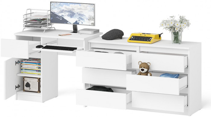 Мори Стол компьютерный МС-1 левый + Комод МК1200.6, цвет белый, ШхГхВ 210,4х50х76,6 см., выдвижной ящик слева, НЕ универсальная сборка