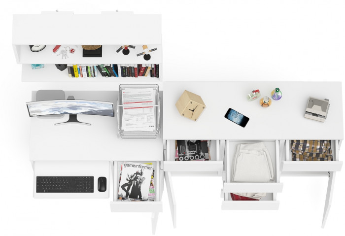 Мори Стол компьютерный МС-1 правый + Комод МК1200.4 + Полка 900, цвет белый, ШхГхВ 210,4х50х209,6 см., НЕ универсальная сборка