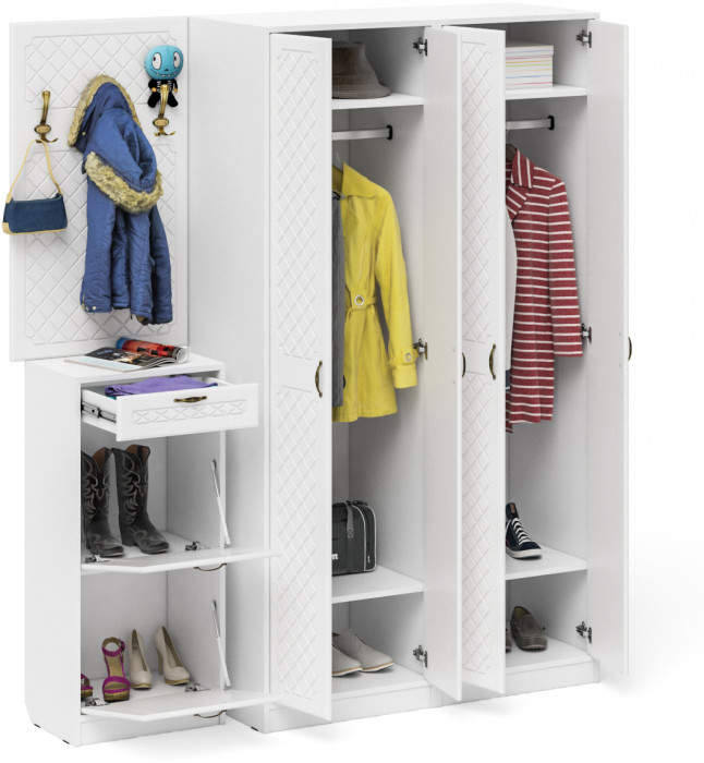 Прихожая П-6 Компоновка № 15, белая шагрень/фасады МДФ белое дерево фрезеровка ромб