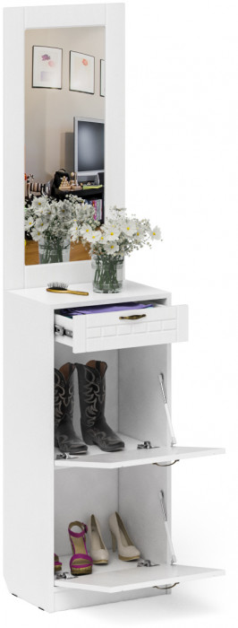 Прихожая П-6 Тумба для обуви 2 секции + Зеркало, цвет белая шагрень/фасады МДФ белое дерево фрезеровка прованс, ШхГхВ 50х35х210 см.