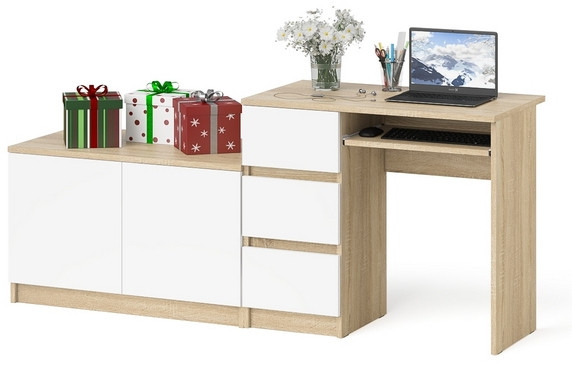 Мори компьютерный стол МС-6 левый + Тумба МА900.1, дуб сонома/белый