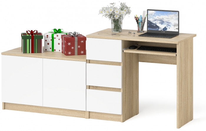 Мори компьютерный стол МС-6 левый + Тумба МА900.1, дуб сонома/белый