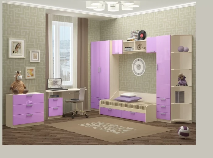 Модульная детская Юниор-7 МДФ (композиция 2) (Ясень шимо светлый, Салатовый)