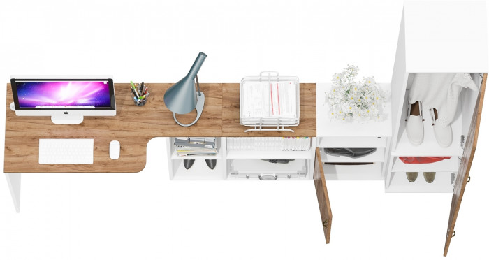 Лидер-8 Стол + Тумба МД 3.19 + Пенал МД 21Б, цвет белый шагрень/крафт золото, ШхГхВ 245х50/37,5х75/190 или 115х160/50х75/190 см., НЕ ун. сборка