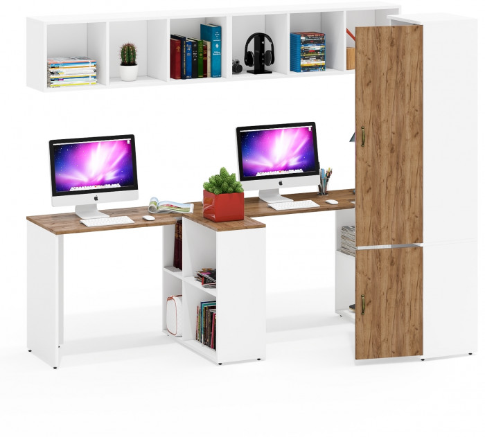 Лидер-8 Стол + Полка + Стол + Полка + Пенал МД 21Б, цвет белый шагрень/крафт золото, ШхГхВ 370х50/37,5х75/190 или 230х50/120х75/190 см., НЕ ун. сборка