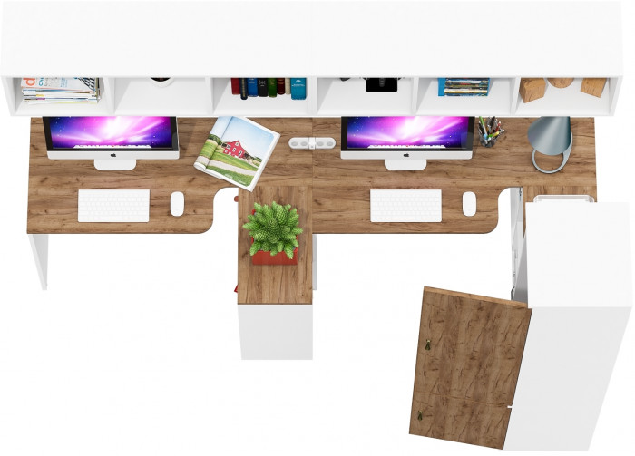 Лидер-8 Стол + Полка + Стол + Полка + Пенал МД 21Б, цвет белый шагрень/крафт золото, ШхГхВ 370х50/37,5х75/190 или 230х50/120х75/190 см., НЕ ун. сборка