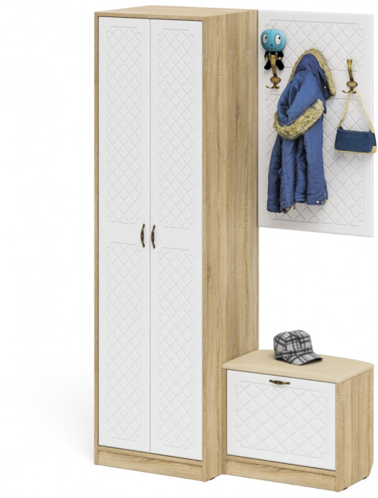 Прихожая П-6 Компоновка № 12, цвет дуб сонома/фасады МДФ белое дерево фрезеровка ромб, ШхГхВ 120х50х210 см., универсальная сборка