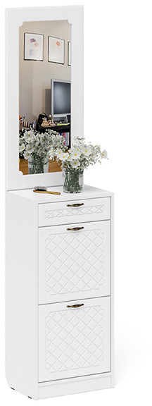 Прихожая П-6 Тумба для обуви 2 секции + Зеркало, цвет белая шагрень/фасады МДФ белое дерево фрезеровка ромб, ШхГхВ 50х35х210 см.