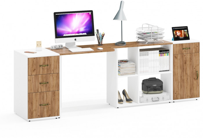 Лидер-8 Стол + Тумба МД 3.15 + Тумба МД 3.16, белый шагрень/крафт золото