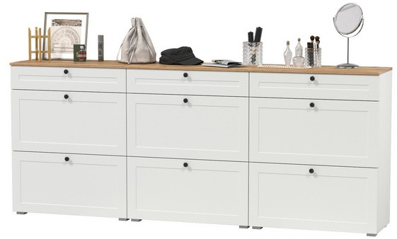 Остин 16.121 Тумба для обуви + 16.121 Тумба для обуви + 16.121 Тумба для обуви, цвет белый шагрень/дуб крафт золотой, ШхГхВ 240х41,6х99,3 см.