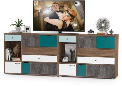 Вайс Комод 10.104 + Комод 10.104, цвет морское дерево винтаж/камень тёмный/бензин/мята/белый премиум, ШхГхВ 242,4х39,9х88,8 см., НЕ универс. сборка