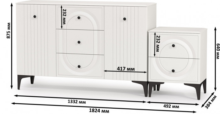 Валенсия Спальня 13.309 Комод + 13.291 Тумба прикроватная, цвет ЛДСП белый шагрень/МДФ белый шагрень, ШхГхВ 182,4х38,4х87,5 см.