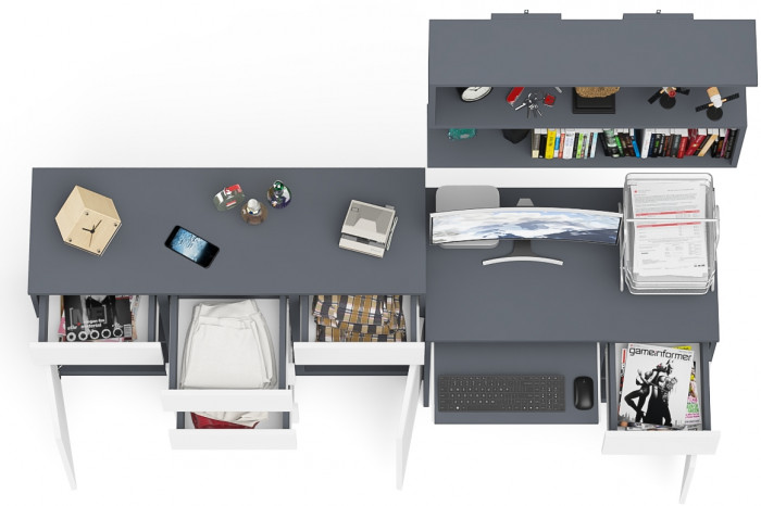 Мори Стол компьютерный МС-1 правый + Комод МК1200.4 + Полка 900, цвет графит/белый, ШхГхВ 210,4х50х209,6 см., НЕ универсальная сборка