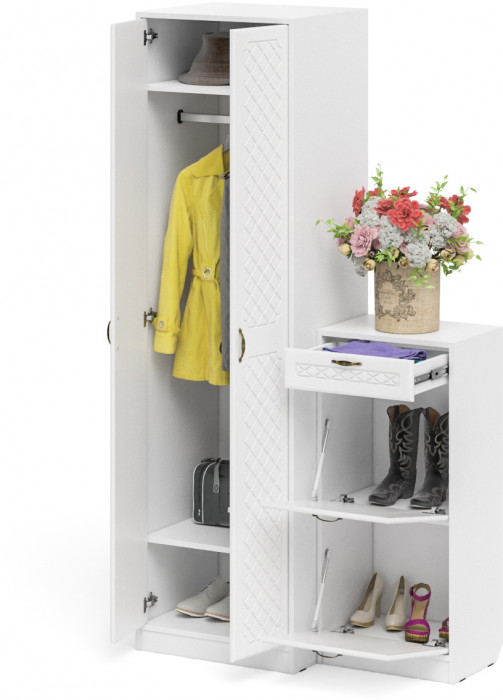Прихожая П-6 Компоновка № 16, цвет белая шагрень/фасады МДФ белое дерево фрезеровка ромб, ШхГхВ 110х50х210 см., универсальная сборка