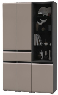 Сидней 13.202 Шкаф с ящиком 2 штуки + Шкаф-витрина 13.201, корпус: антрацит/фасады: МДФ веллюто капучино/стекло