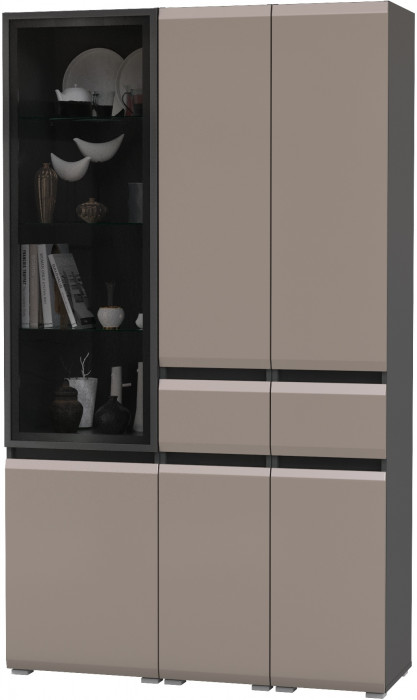Сидней 13.202 Шкаф с ящиком 2 штуки + Шкаф-витрина 13.201, корпус: антрацит/фасады: МДФ веллюто капучино/стекло