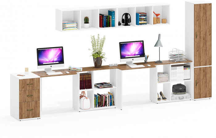 Лидер-8 Стол + Полка + Стол + Полка + Пенал МД 22Б + Тумба МД 3.16, цвет белый шагрень/крафт золото, 410х50х75/190 или 270х120/50х75/190, НЕ ун. сб.