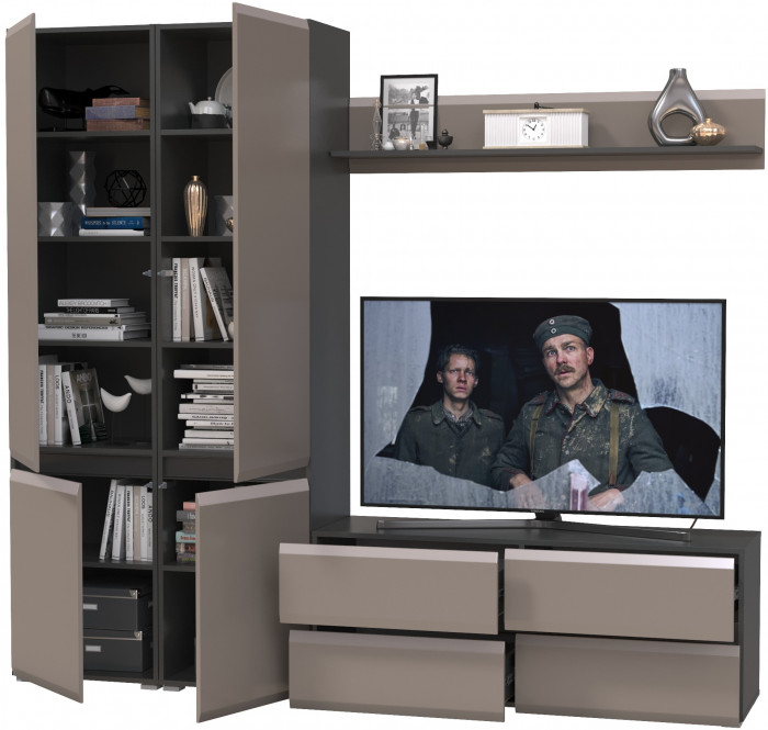 Сидней Комплектация № 047, цвет корпус: антрацит/фасады: МДФ веллюто капучино, ШхГхВ 229,9х41,3х205,2 см., ниша для ТВ 129х41х98 см., универс. сборка