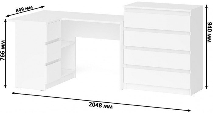 Мори компьютерный стол МС-16 левый + Комод МК800.4, белый