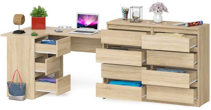 Мори Стол компьютерный МС-16 левый + Комод МК1200.8, цвет дуб сонома, ШхГхВ 244,8х84,9х94 см., выдвижные ящики слева, НЕ универсальная сборка