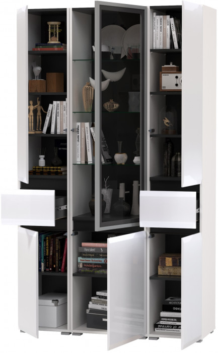 Сидней 13.202 Шкаф с ящиком 2 штуки + Шкаф-витрина 13.201, корпус: белый/чёрный/фасады: МДФ белый глянец/стекло