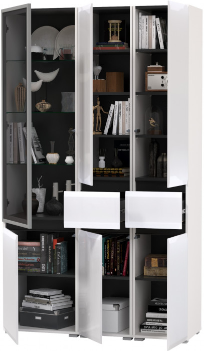 Сидней 13.202 Шкаф с ящиком 2 штуки + Шкаф-витрина 13.201, корпус: белый/чёрный/фасады: МДФ белый глянец/стекло