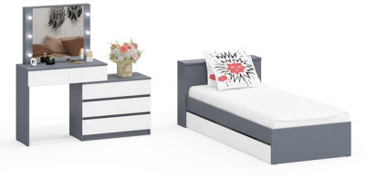 Ксения Кровать с ящиками 0900 + Стол косметический с подсветкой 110, графит/белый