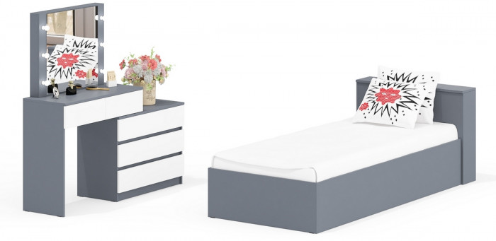 Ксения Кровать с ящиками 0900 + Стол косметический с подсветкой 110, графит/белый