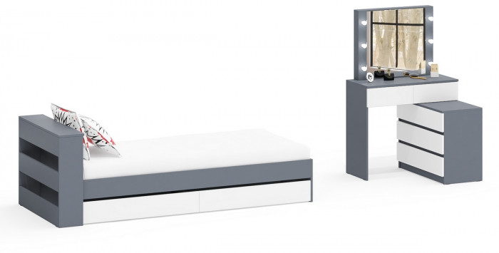 Ксения Кровать с ящиками 0900 + Стол косметический с подсветкой 110, графит/белый