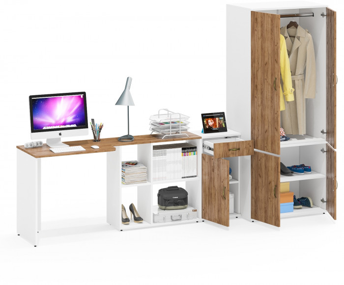 Лидер-8 Стол + Тумба МД 3.15 + Шкаф МД 19Б, белый шагрень/крафт золото