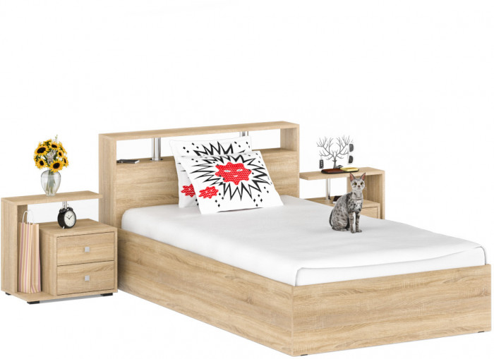 Камелия Кровать 1200 + две тумбы, цвет дуб сонома, ШхГхВ 236х217х78,2 см., сп.м. 1200х2000 мм., без матраса, основание есть