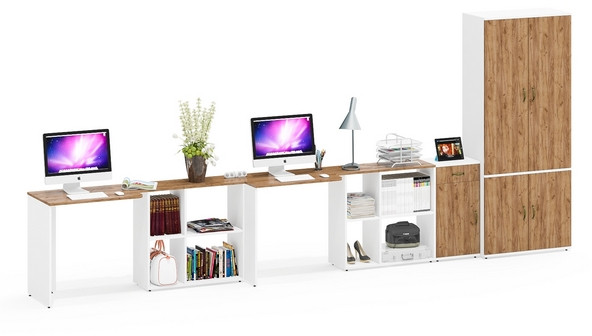 Лидер-8 Стол + Стол + Шкаф МД 20Б + Тумба МД 3.15, белый шагрень/крафт золото