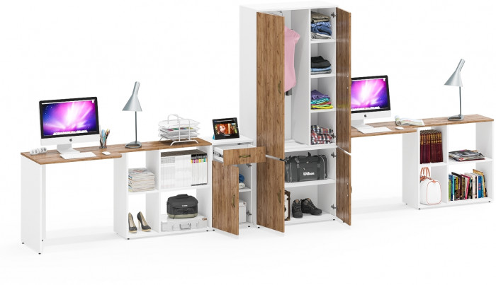 Лидер-8 Стол + Стол + Шкаф МД 20Б + Тумба МД 3.15, белый шагрень/крафт золото