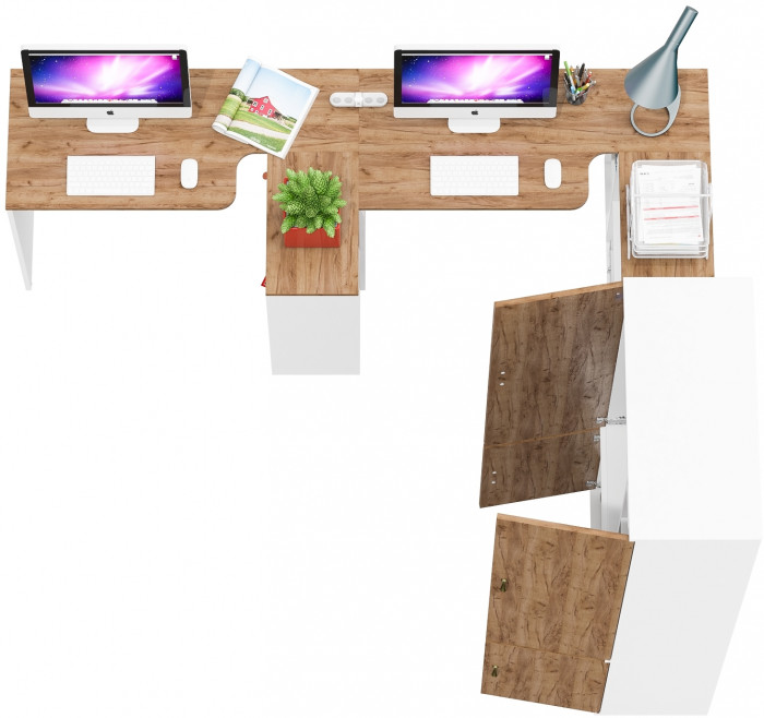 Лидер-8 Стол + Стол + Шкаф МД 20Б + Тумба МД 3.15, белый шагрень/крафт золото