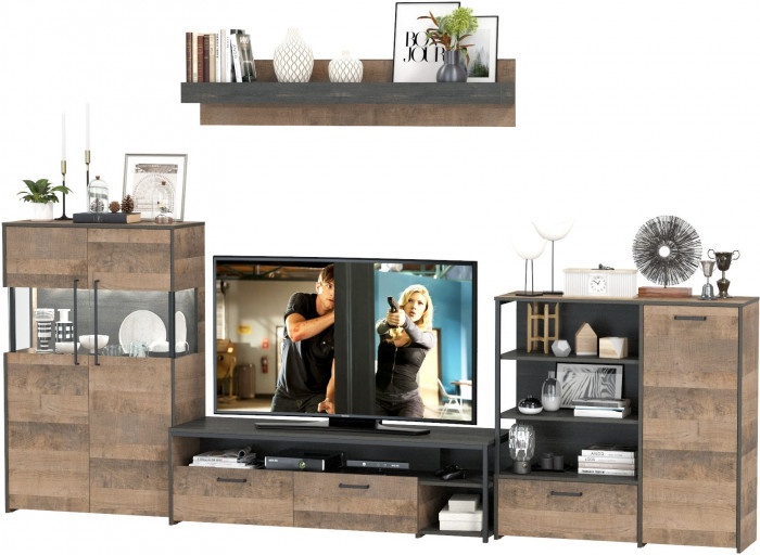 Трувор Гостиная 053, цвет дуб гранж песочный/интра, ШхГхВ 344,6х45,4х195 см., универсальная сборка