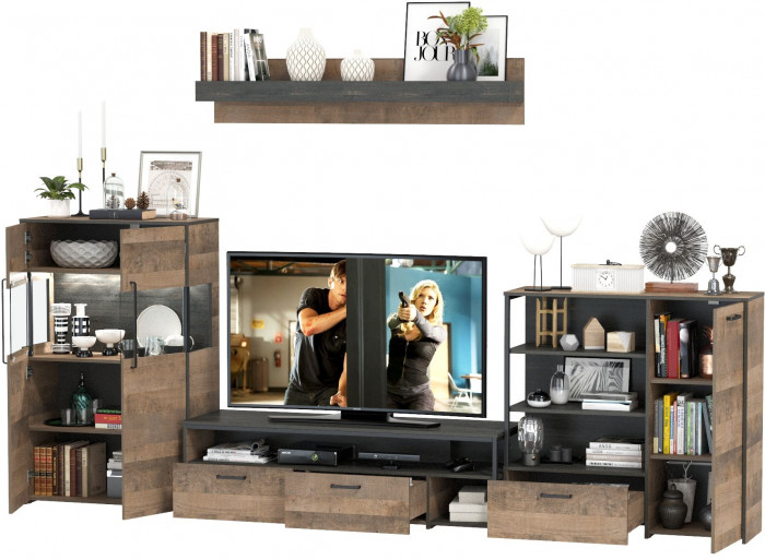 Трувор Гостиная 053, цвет дуб гранж песочный/интра, ШхГхВ 344,6х45,4х195 см., универсальная сборка