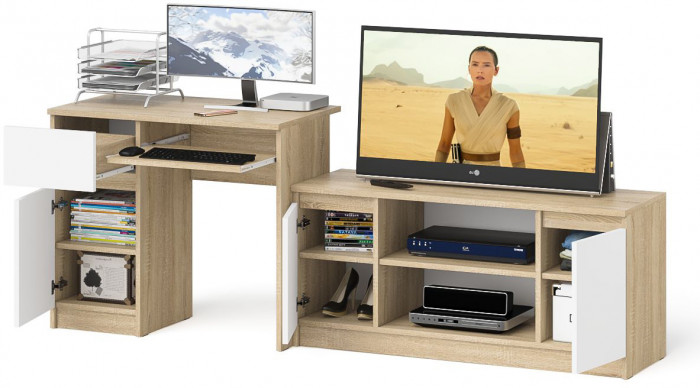 Мори Стол компьютерный МС-1 левый + Тумба МТВ1200.1, цвет дуб сонома/белый, ШхГхВ 210,4х50х76,6 см., выдвижной ящик слева, НЕ универсальная сборка