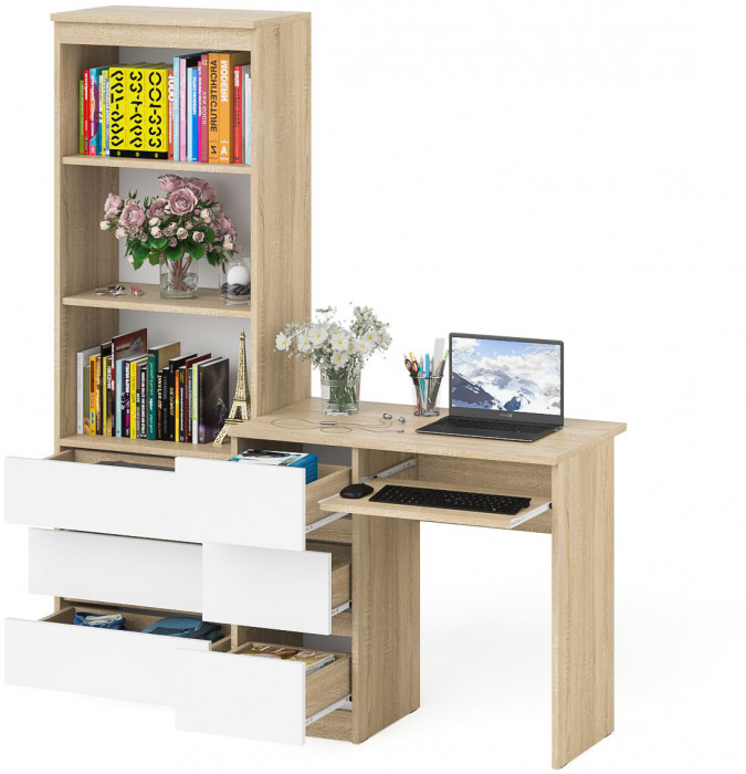 Мори Стол компьютерный МС-6 левый + Стеллаж МСТ600.3, цвет дуб сонома/белый, ШхГхВ 150,4х50х179,6 см., выдвижные ящики слева, НЕ универсальная сборка