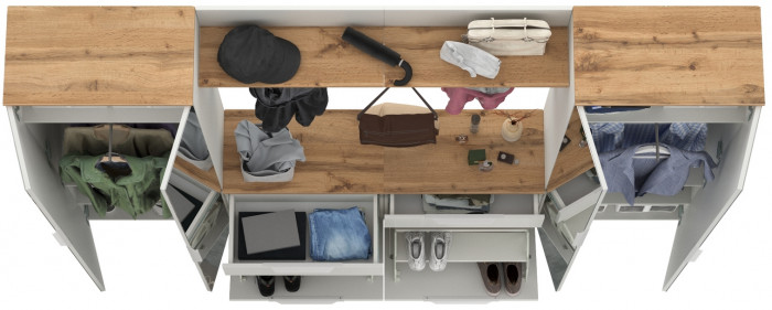 Октава Прихожая 36, цвет белый шагрень/дуб крафт золотой/фасады МДФ белый шагрень, ШхГхВ 258,6х35,4х197,6 см., универсальная сборка