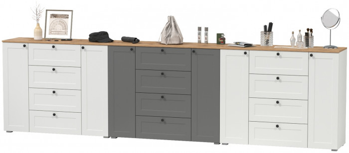 Остин 16.221 Комод + 16.221 Комод + 16.221 Комод, цвет белый шагрень/серый графит/дуб крафт золотой, ШхГхВ 360х41,9х99,3 см., универсальная сборка