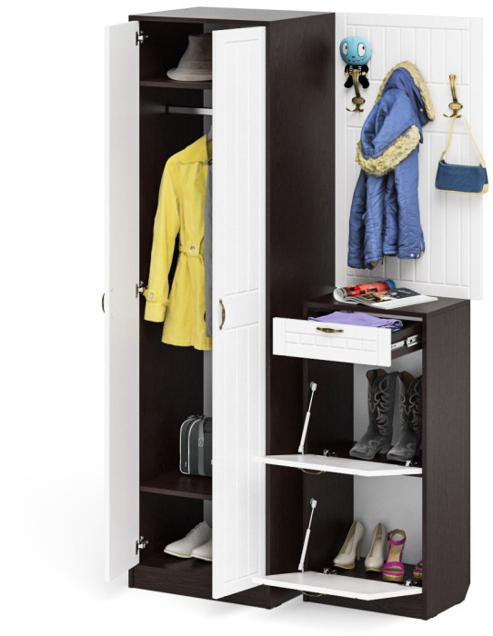Прихожая П-6 Компоновка № 18, цвет венге/фасады МДФ белое дерево фрезеровка прованс, ШхГхВ 120х50х210 см., универсальная сборка